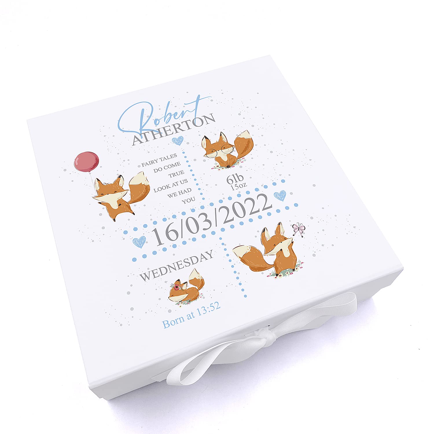 Personalised Baby Boy Memory Box Gift With Ribbon Cute Foxes and Birth Details