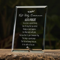 First Holy Communion Sentiment Personalised Glass Plaque Gift Leaf Design