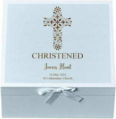 ukgiftstoreonline Personalised Christening Blue Keepsake Box With Floral Cross Design