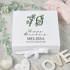 Personalised 70th Birthday Green Leaf Design Keepsake Memory Gift Box