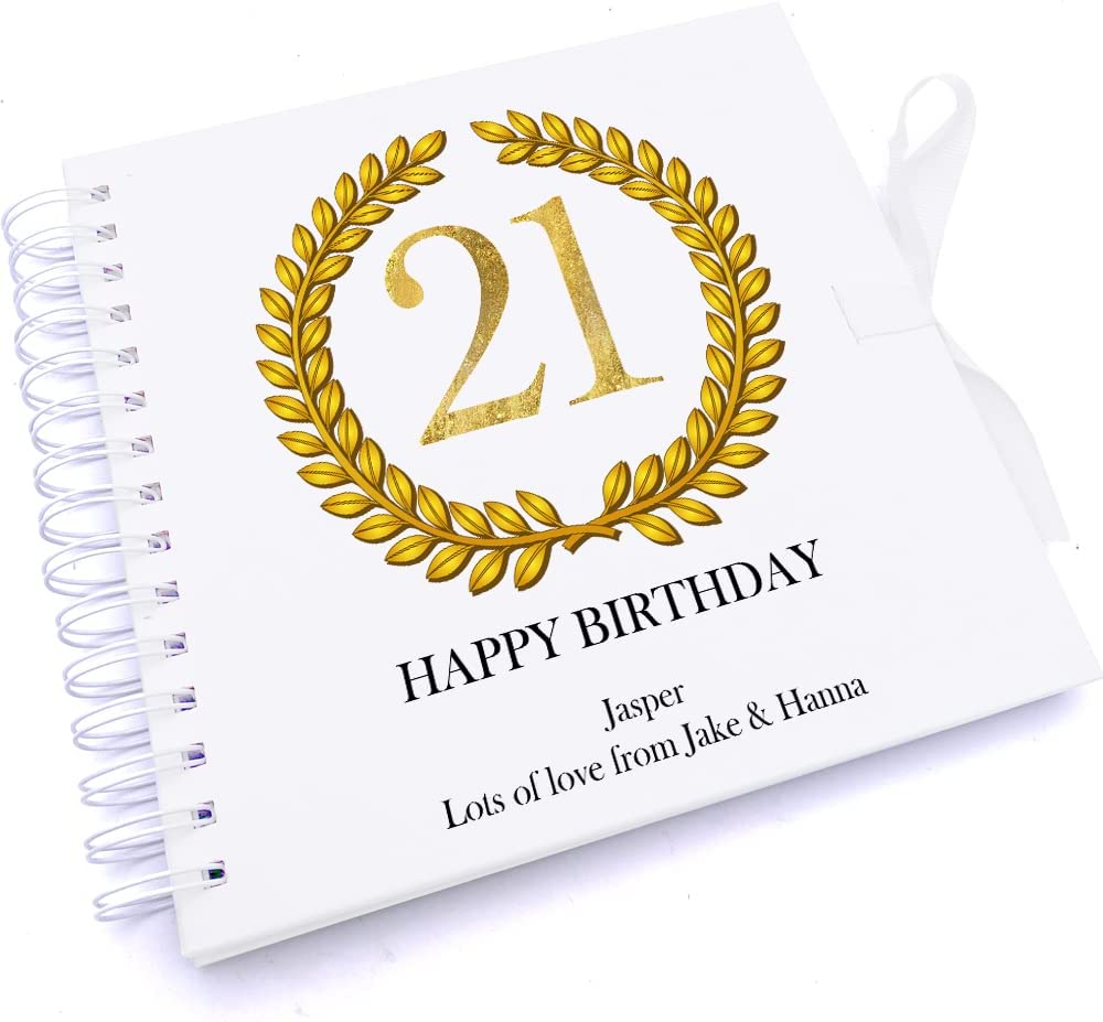 Personalised 21st Birthday Gift for Him Scrapbook Photo Album Gold Wreath Design