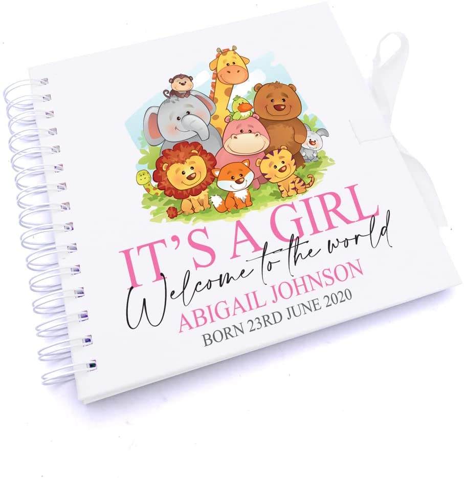 Personalised Cute Baby Girl Gift Scrapbook Photo Album Jungle Animals
