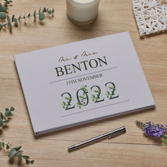 Personalised Wedding Linen Guest Book Printed With Leaf Number Design