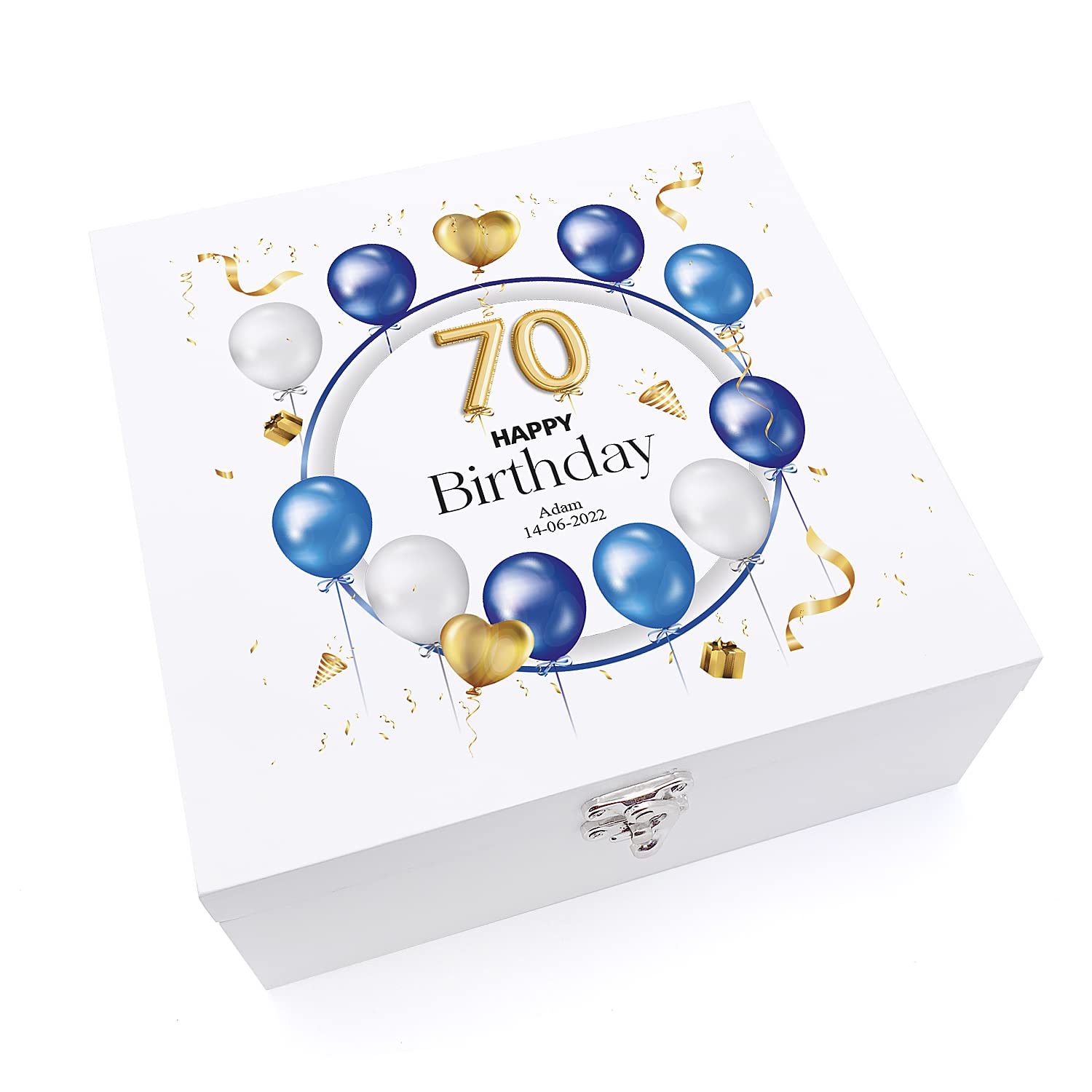 ukgiftstoreonline 70th Birthday Gift Personalised Wooden Keepsake Memory Box With Balloons