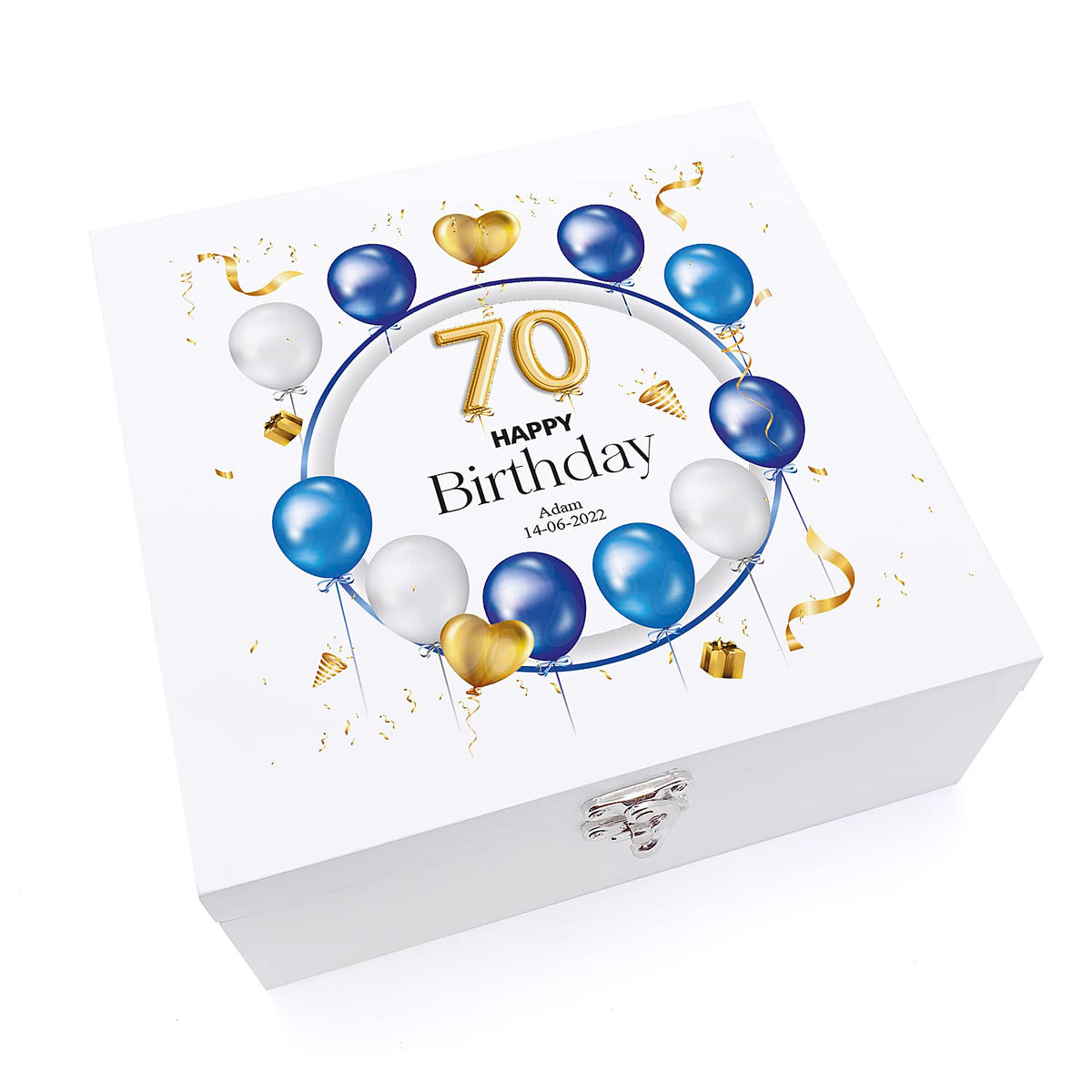 ukgiftstoreonline 70th Birthday Gift Personalised Wooden Keepsake Memory Box With Balloons