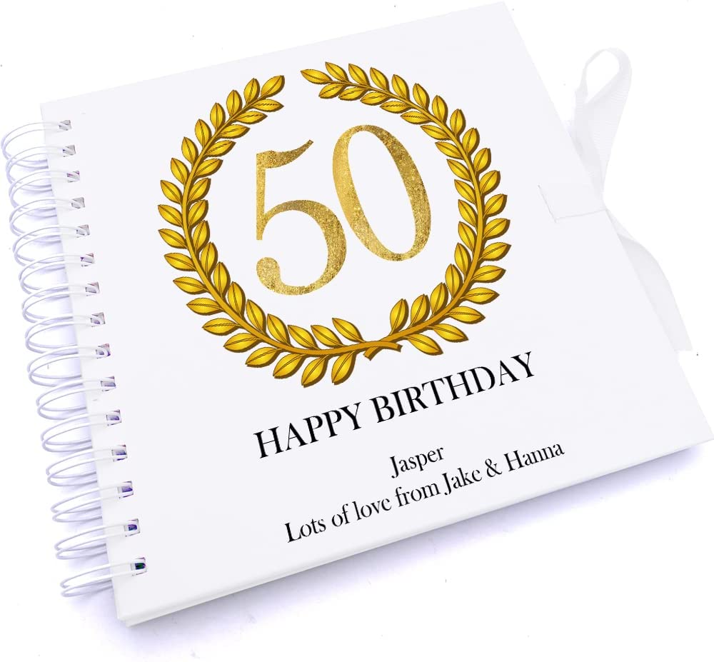 Personalised 50th Birthday Gift for Him Scrapbook Photo Album Gold Wreath Design