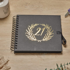 21st Birthday Black Scrapbook Photo album With Gold Script Laurel Wreath