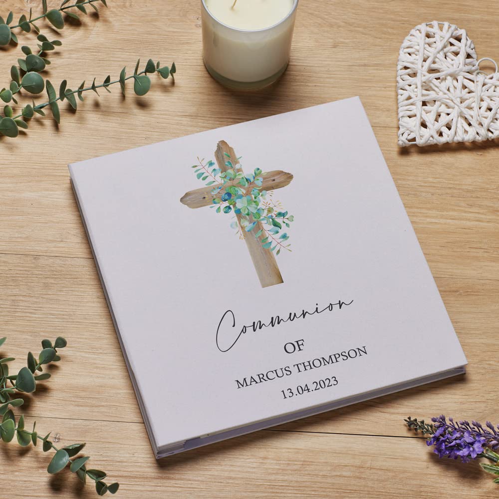 Personalised Communion Large Linen Cover Photo Album With Wood Cross