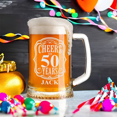 Cheers to 50 Years Birthday Gift Personalised Engraved Glass Beer Tankard
