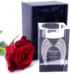 Personalised Crystal Glass Memorial Tea Light Candle Holder Guardian Angel Wings