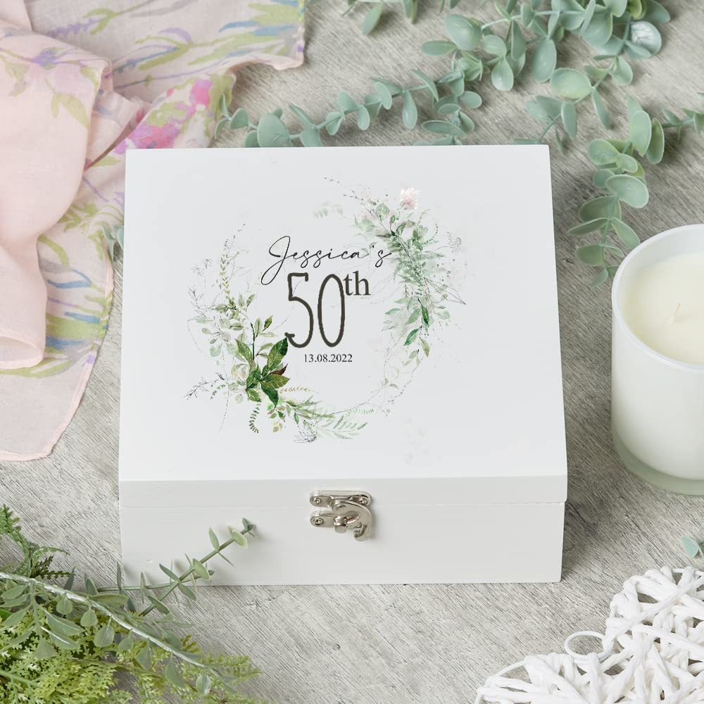 ukgiftstoreonline Personalised 50th Birthday Keepsake Large Wooden Box Gift With Botanical Design
