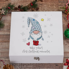Personalised Baby Boy First Christmas Wooden Keepsake Box With Gnome