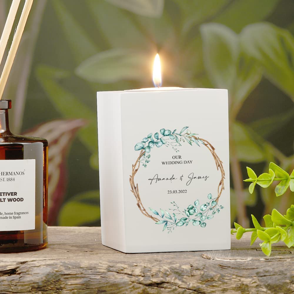 Personalised Wedding Tea Light With Green Leaf and Twigs Design