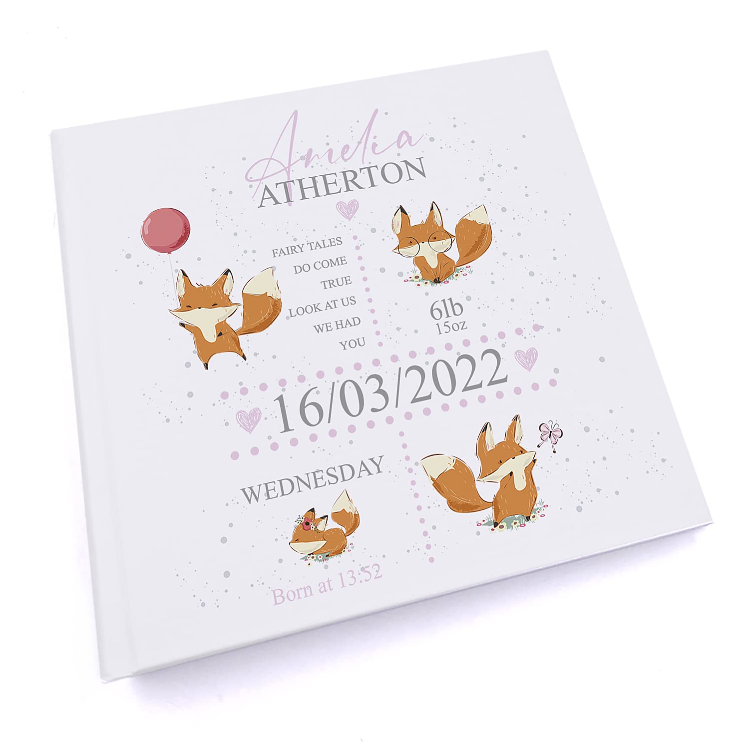 Personalised Baby Girl Photo Album With Foxes and Birth Details
