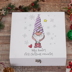 Personalised Baby Girl First Christmas Wooden Keepsake Box With Gnome
