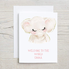 Personalised Welcome to the World New Baby Card Elephant design Baby Girl Congratulations