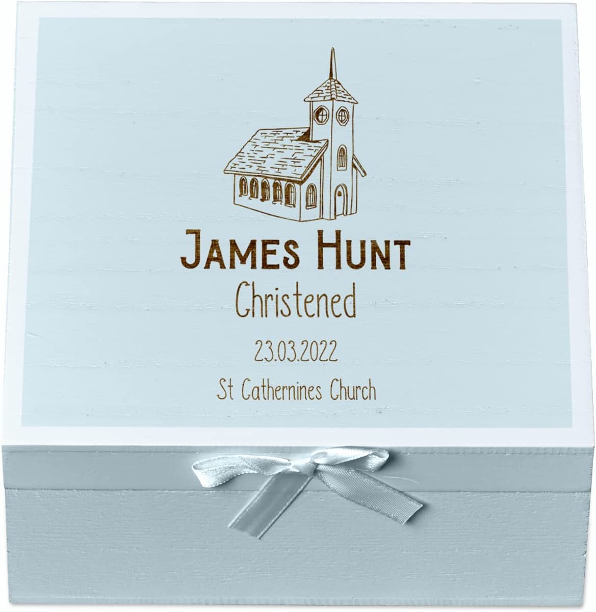 ukgiftstoreonline Personalised Christening Blue Keepsake Box With Church Design