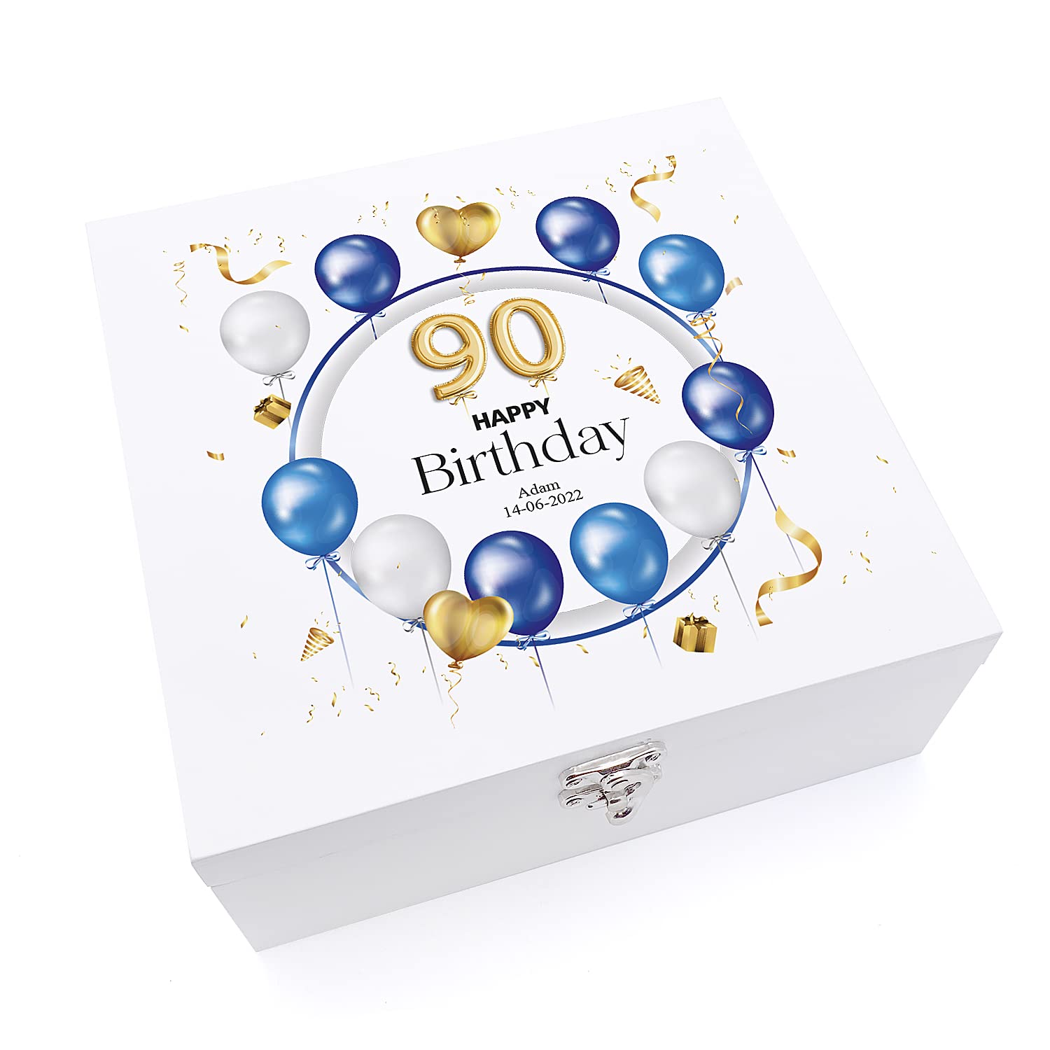 ukgiftstoreonline 90th Birthday Gift Personalised Wooden Keepsake Memory Box With Balloons