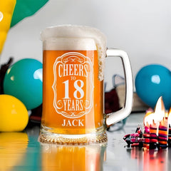 Cheers to 18 Years Birthday Gift Personalised Engraved Glass Beer Tankard