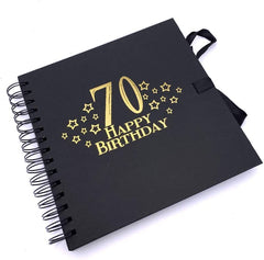 70th Birthday Black Scrapbook, Guest Book Or Photo Album with Gold Script