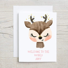Personalised Welcome to the World New Baby Card Deer design Baby Girl Congratulations