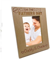 ukgiftstoreonline Personalised Our first Fathers Day Photo Frame Oak wood finish Portrait