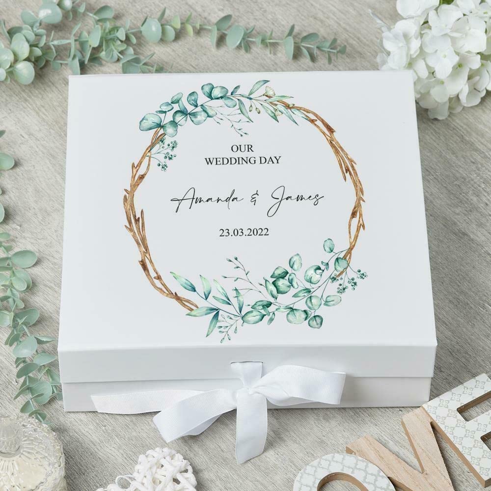 ukgiftstoreonline Personalised Keepsake Box Wedding Memory box Gift With Leaves and Sticks Design (Medium)