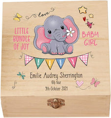 Personalised Wooden Baby Girl Keepsake Memory Box With Cute Elephant