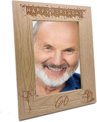 60th Birthday Photo Frame Portrait Wooden Engraved Bunting Style Gift