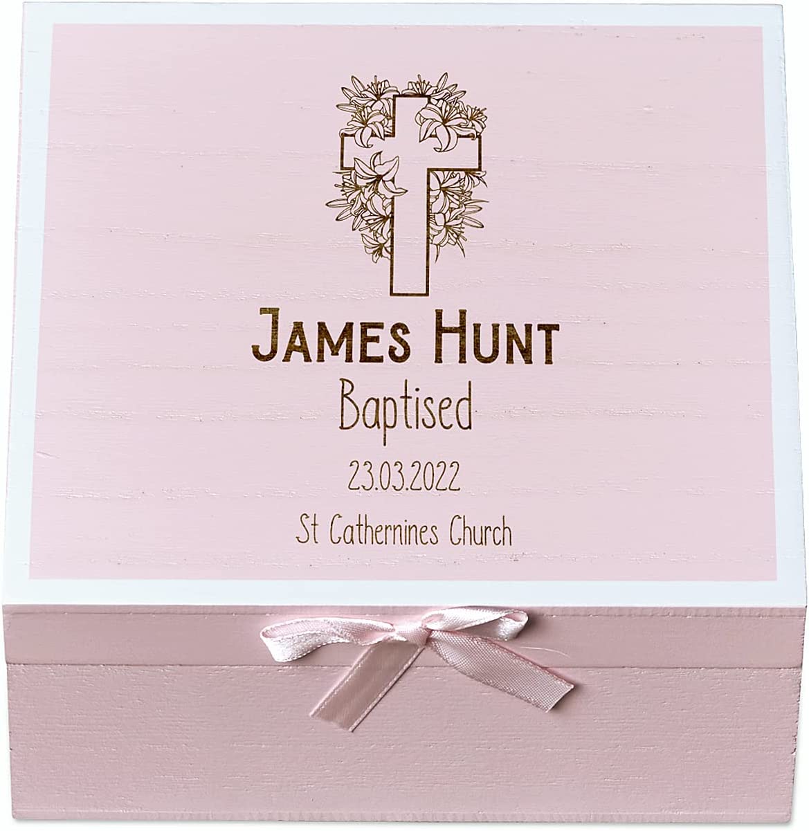 ukgiftstoreonline Personalised Baptism Pink Keepsake Box With Cross Design