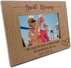 Personalised Great Nanny Love Heart Engraved Landscape Photo Frame Gift