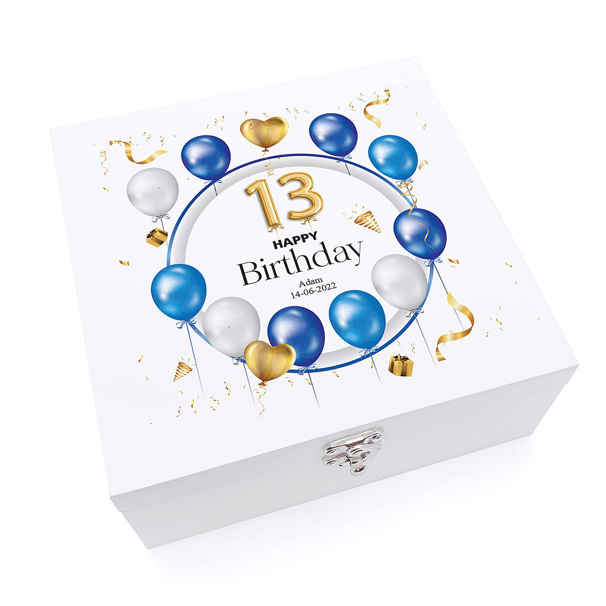 ukgiftstoreonline 13 Birthday Gift Personalised Wooden Keepsake Memory Box Balloons