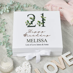Personalised 21st Birthday Green Leaf Design Keepsake Memory Gift Box.