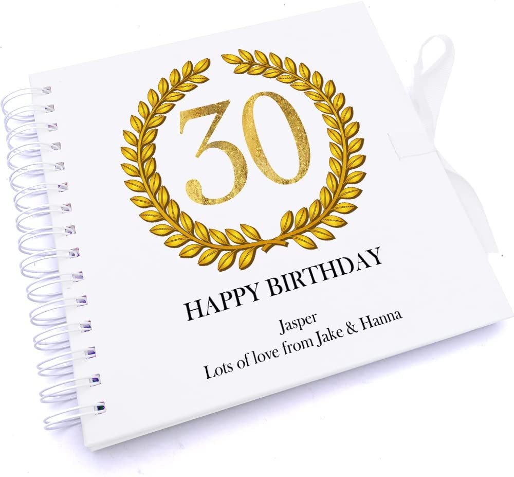 Personalised 30th Birthday Gift for Him Scrapbook Photo Album Gold Wreath Design