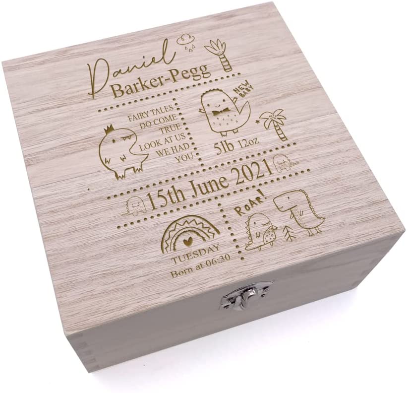 Personalised baby Memory Box Gift With birth Details Dinosaur Design