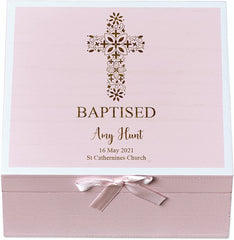 ukgiftstoreonline Personalised Baptism Pink Keepsake Box With Floral Cross Design