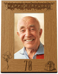 Happy 70th Birthday Engraved Photo Frame Gift Stars and Balloons Portrait