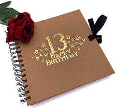 13th Birthday Brown Scrapbook, Guest Book Or Photo Album with Gold Script - 