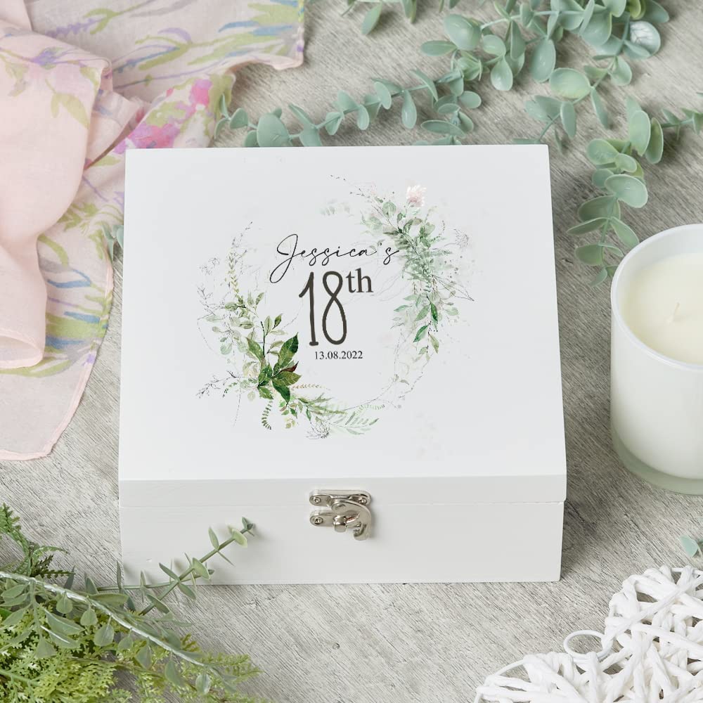 ukgiftstoreonline Personalised 18th Birthday Keepsake Large Wooden Box Gift With Botanical Design