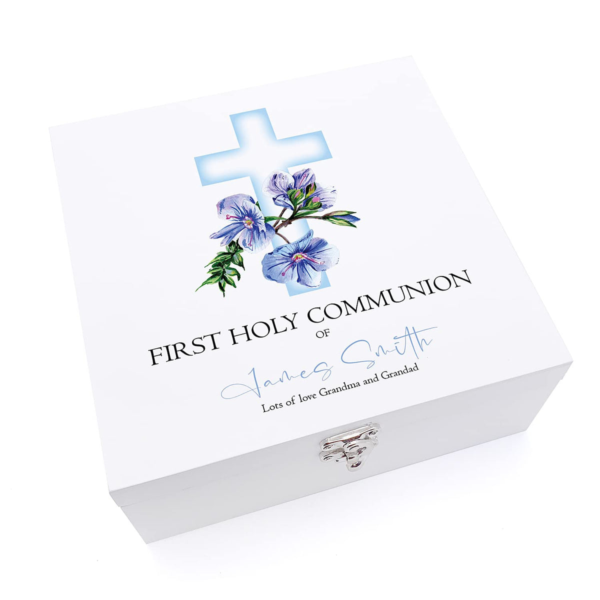 ukgiftstoreonline Personalised First Holy Communion Wooden Keepsake Memory Box Blue Cross