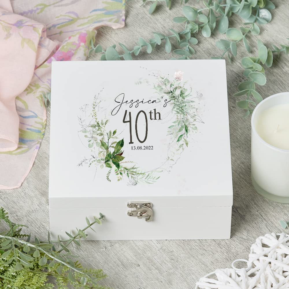 ukgiftstoreonline Personalised 40th Birthday Keepsake Large Wooden Box Gift With Botanical Design