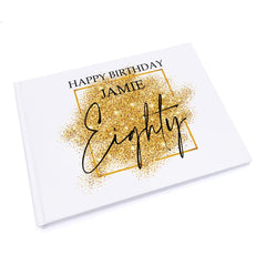 Personalised 80th Birthday Gift Guest Book Gold Sparkles Design