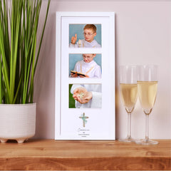 Personalised Communion Triple Photo Frame With Natural Cross