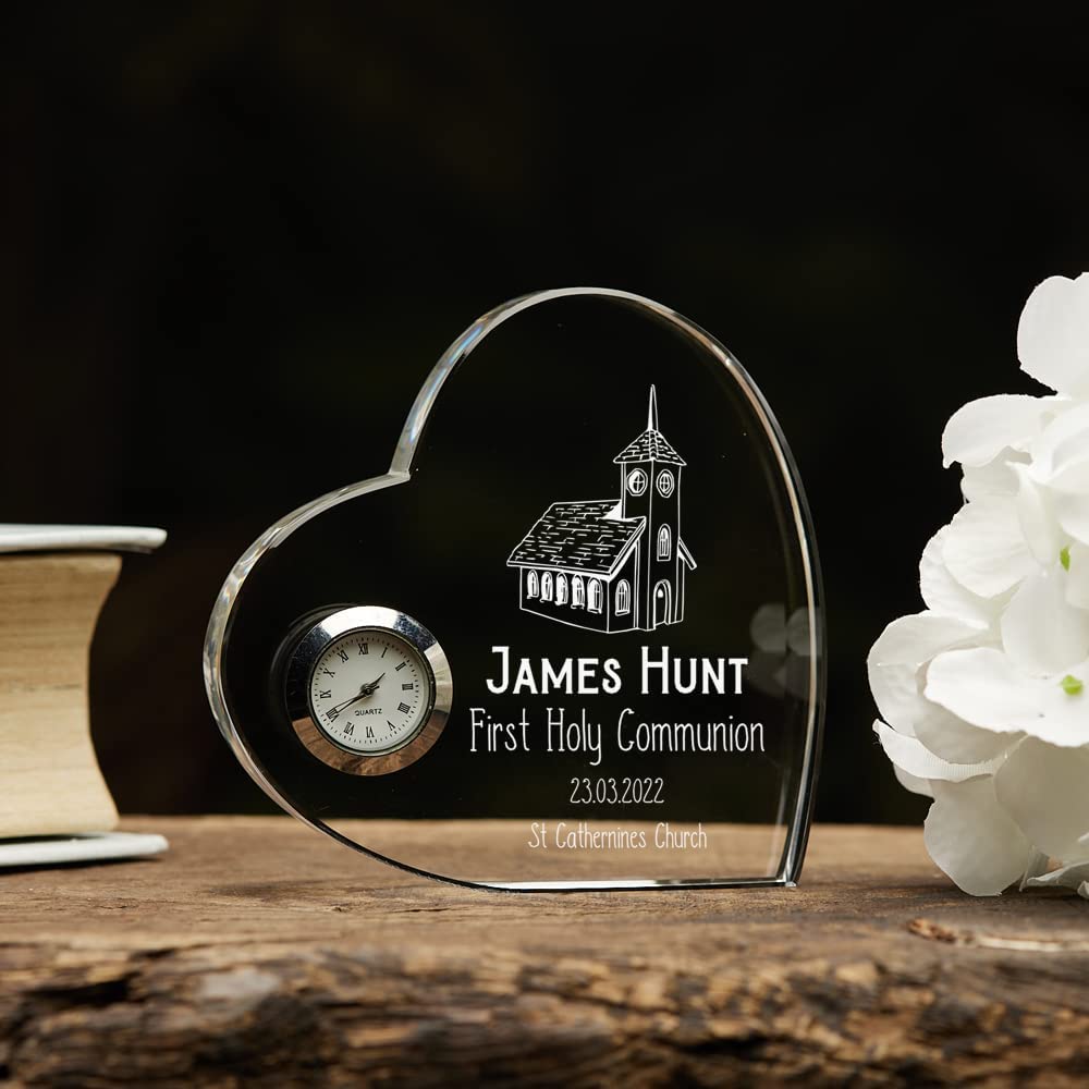 Engraved Heart Crystal Clock First Holy Communion Gift