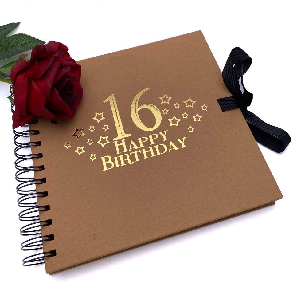 16th Birthday Brown Scrapbook, Guest Book Or Photo Album with Gold Script - ukgiftstoreonline