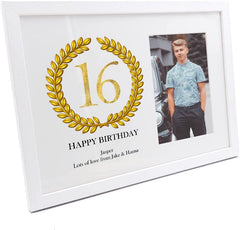 Personalised 16th Birthday Gift for Him Photo Frame Gold Wreath Design