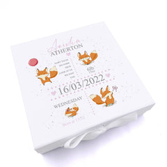 Personalised Baby Girl Memory Box Gift With Ribbon Cute Foxes and Birth