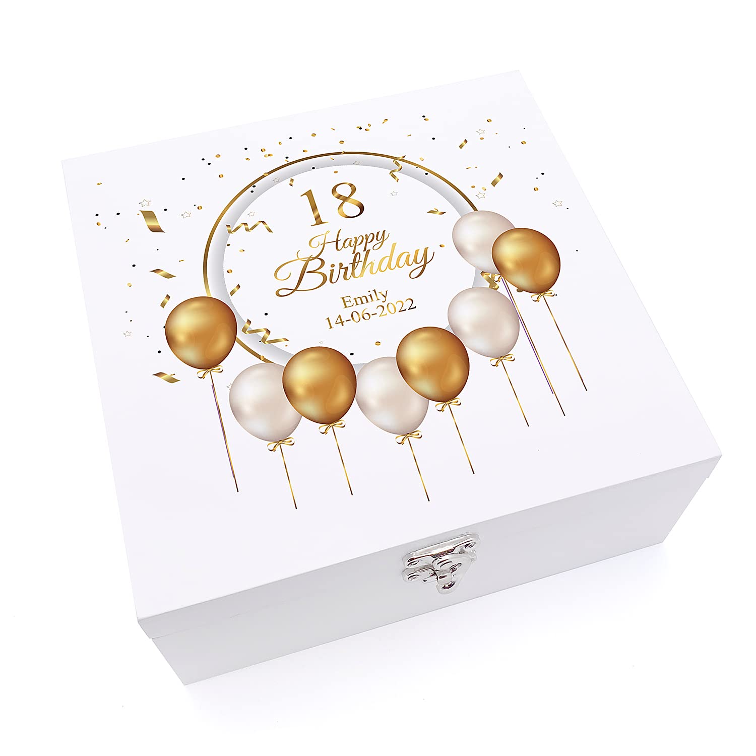 ukgiftstoreonline Personalised 18th Birthday Wooden Box Gift With Golden Balloons