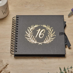 16th Birthday Black Scrapbook Photo album With Gold Script Laurel Wreath