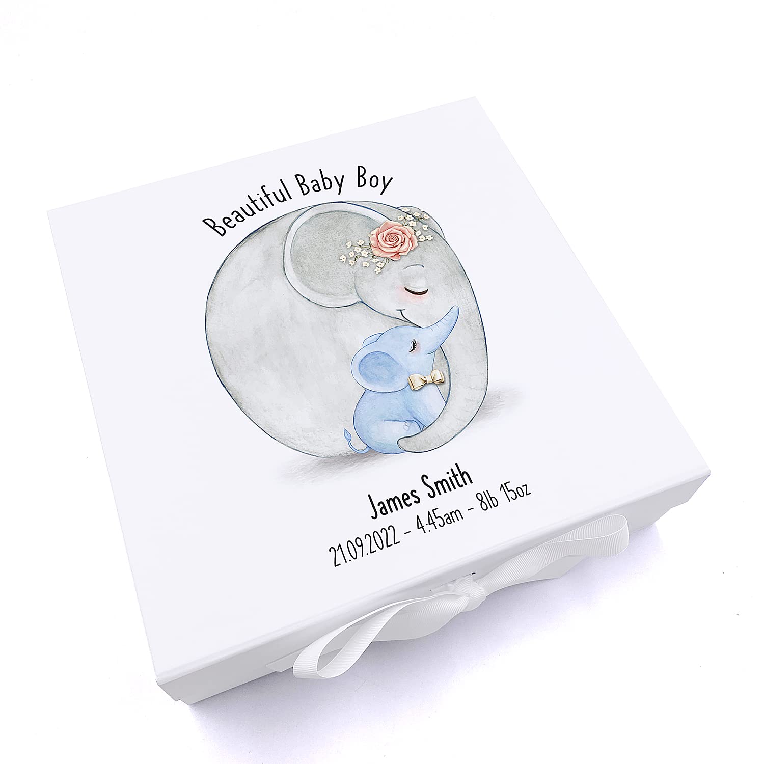 Personalised Beautiful Baby Boy Memory Keepsake Box With Elephants
